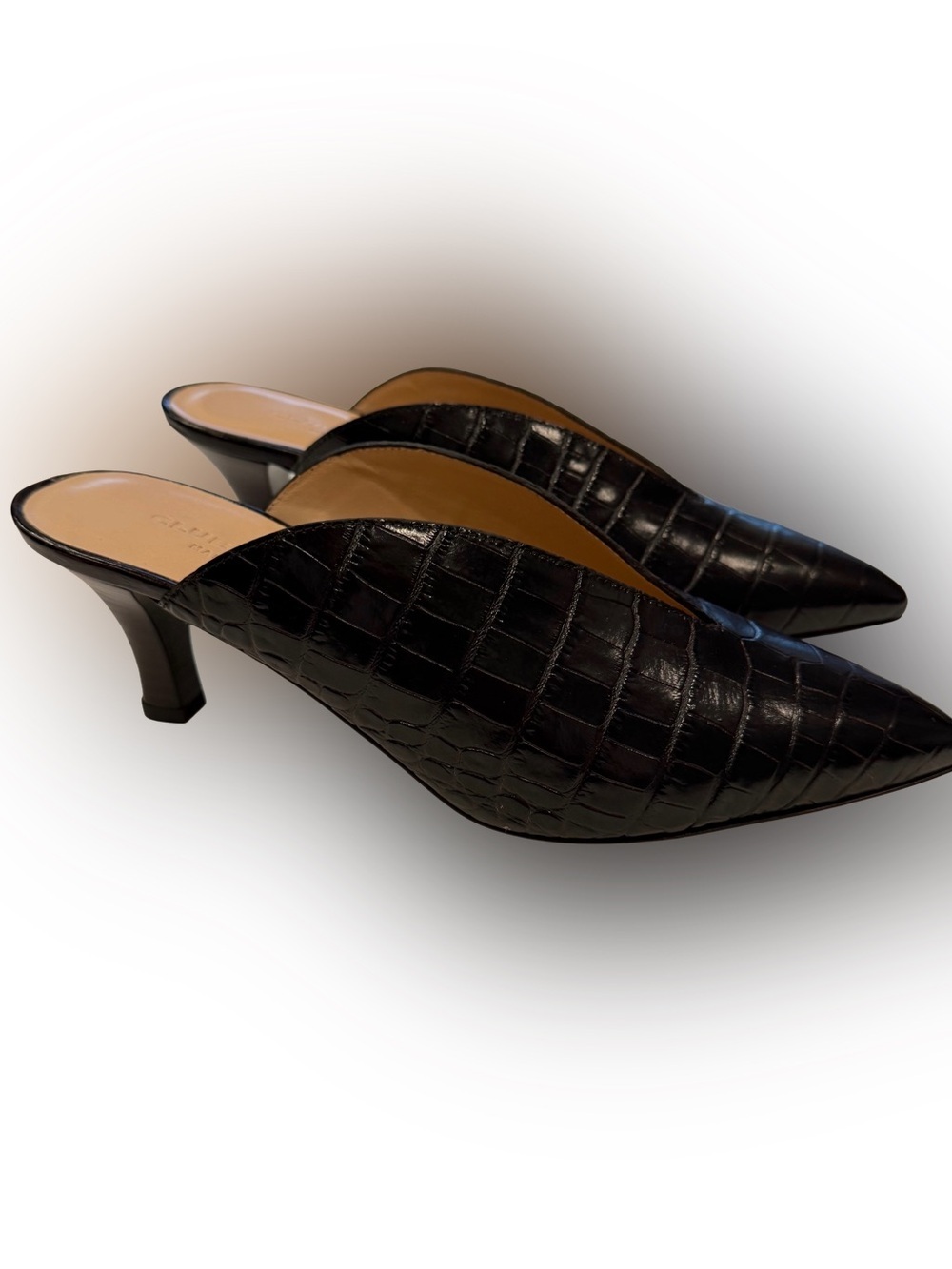 Club Monaco Nadhine Women’s Crocodile Print Chocolate Leather Mules Sz 7.5 NIB